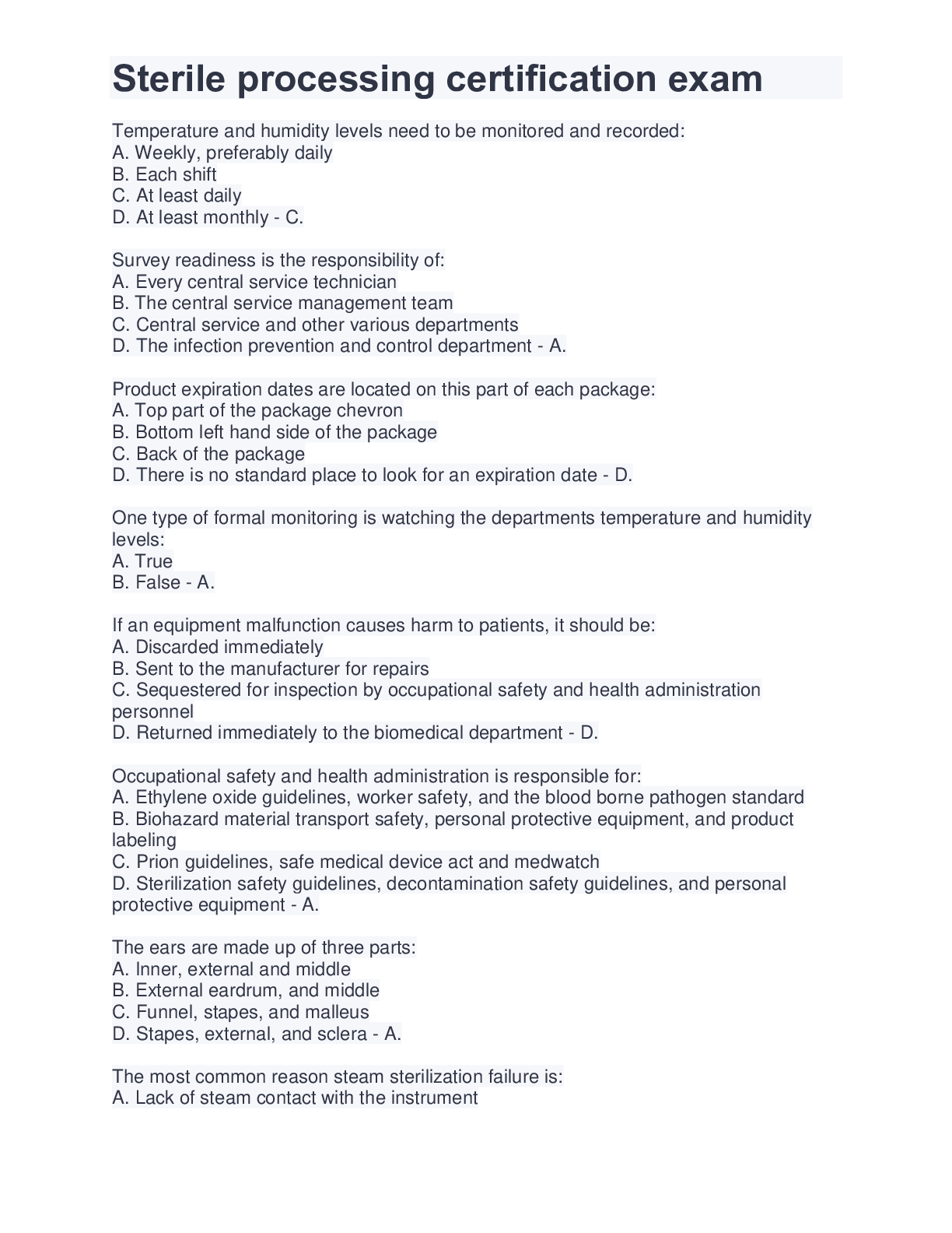 Preview image for Sterile processing certification exam